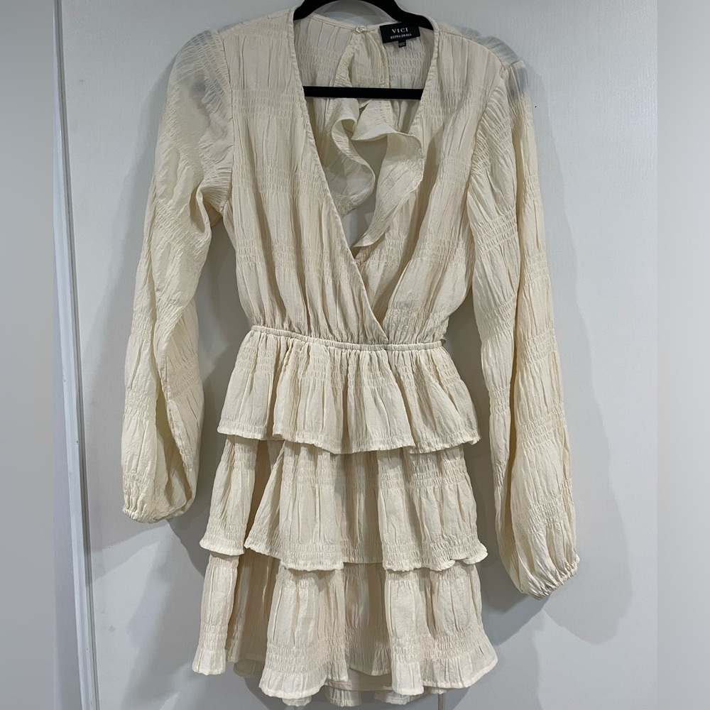 Cream Ruffle Mini Dress with Sleeves